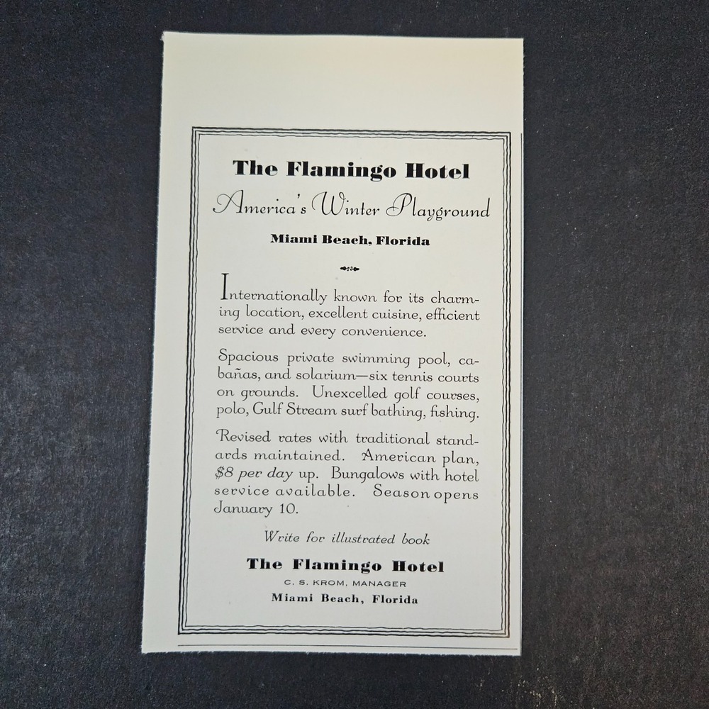 1932 Flamingo Hotel CS Krom Manager Vintage Print‎ Ad Miami Beach FL South Beach